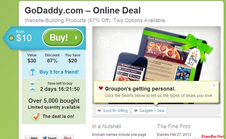 Groupon团购Godaddy Gift Card